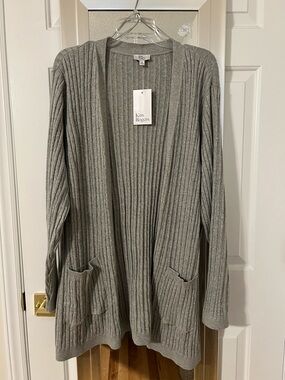 Kim Rogers Light Gray Ribbed Open Cardigan with Pockets